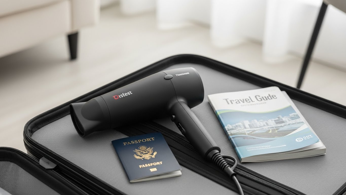スーツケースの上に置かれたサロニア風の黒いドライヤーとパスポート、旅行の準備の様子