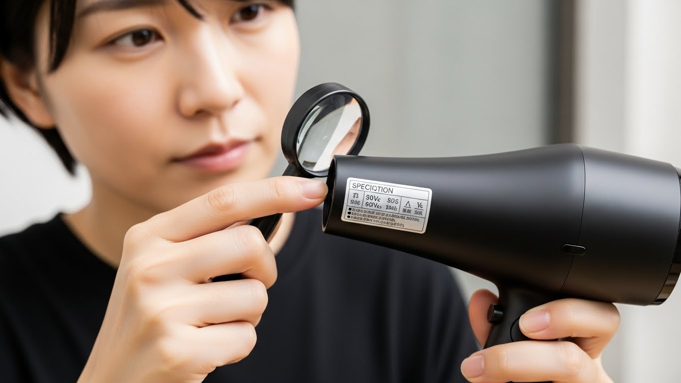 ドライヤーの持ち手裏側にある仕様ラベルを確認している様子