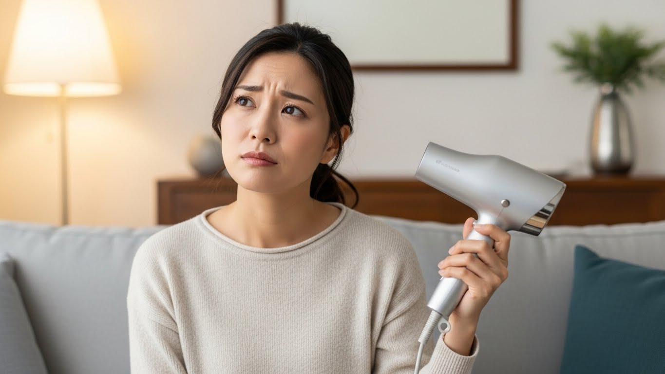 ドライヤーの使用上の注意点について考えている日本人女性