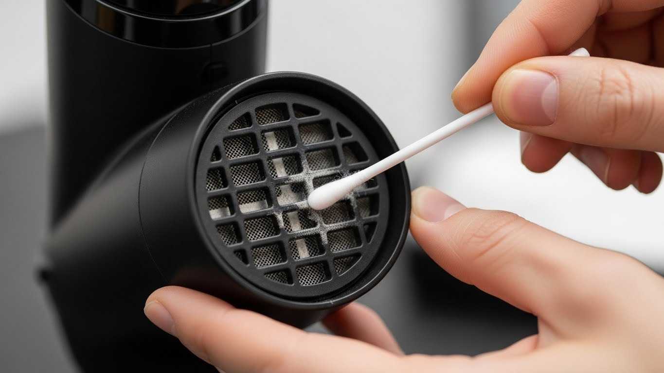 綿棒を使ってドライヤーの吸気口（フィルター）のホコリを掃除している手元