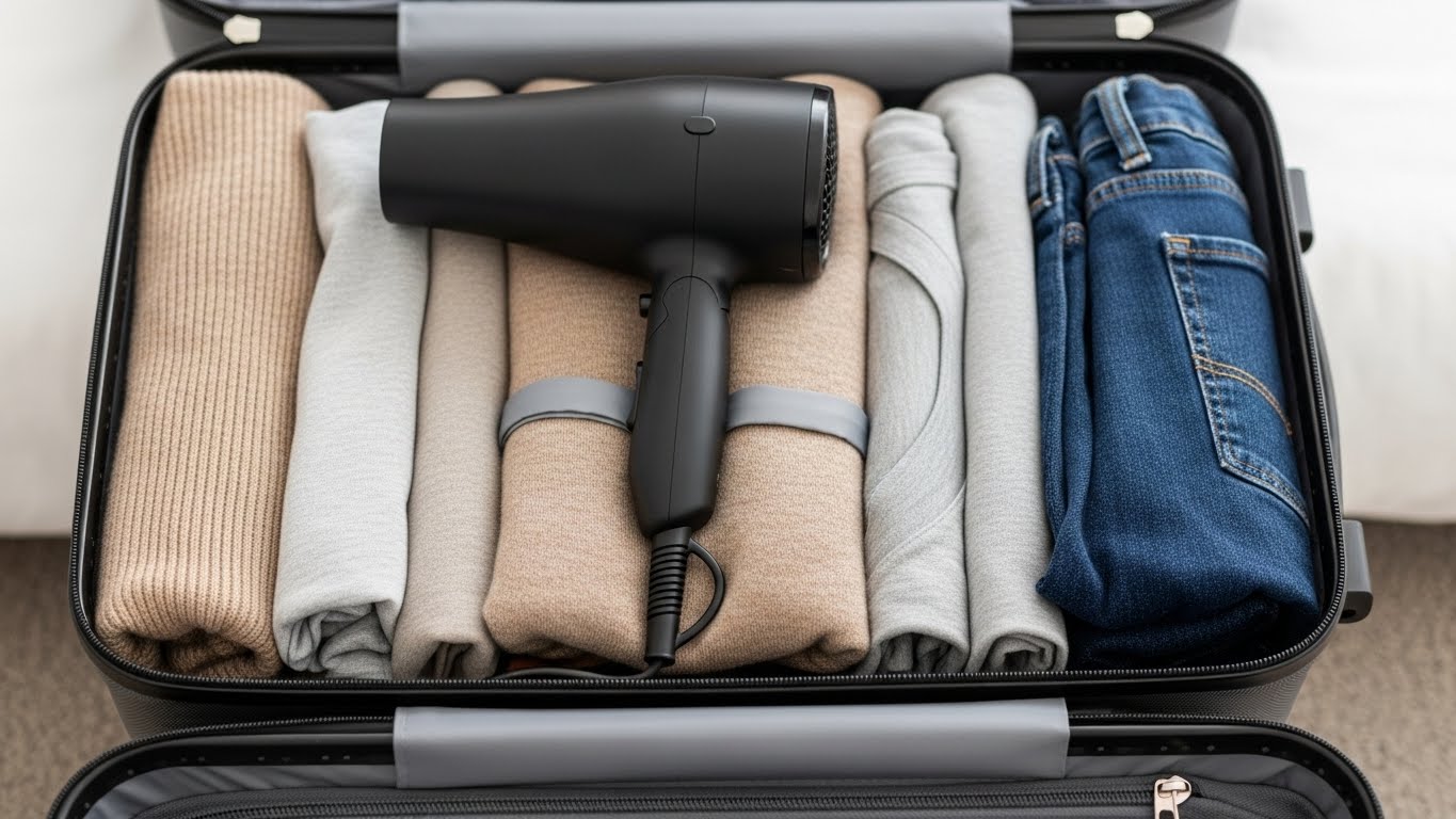スーツケース内の衣類の間にクッション性を持たせて収納された折りたたみ式ドライヤー