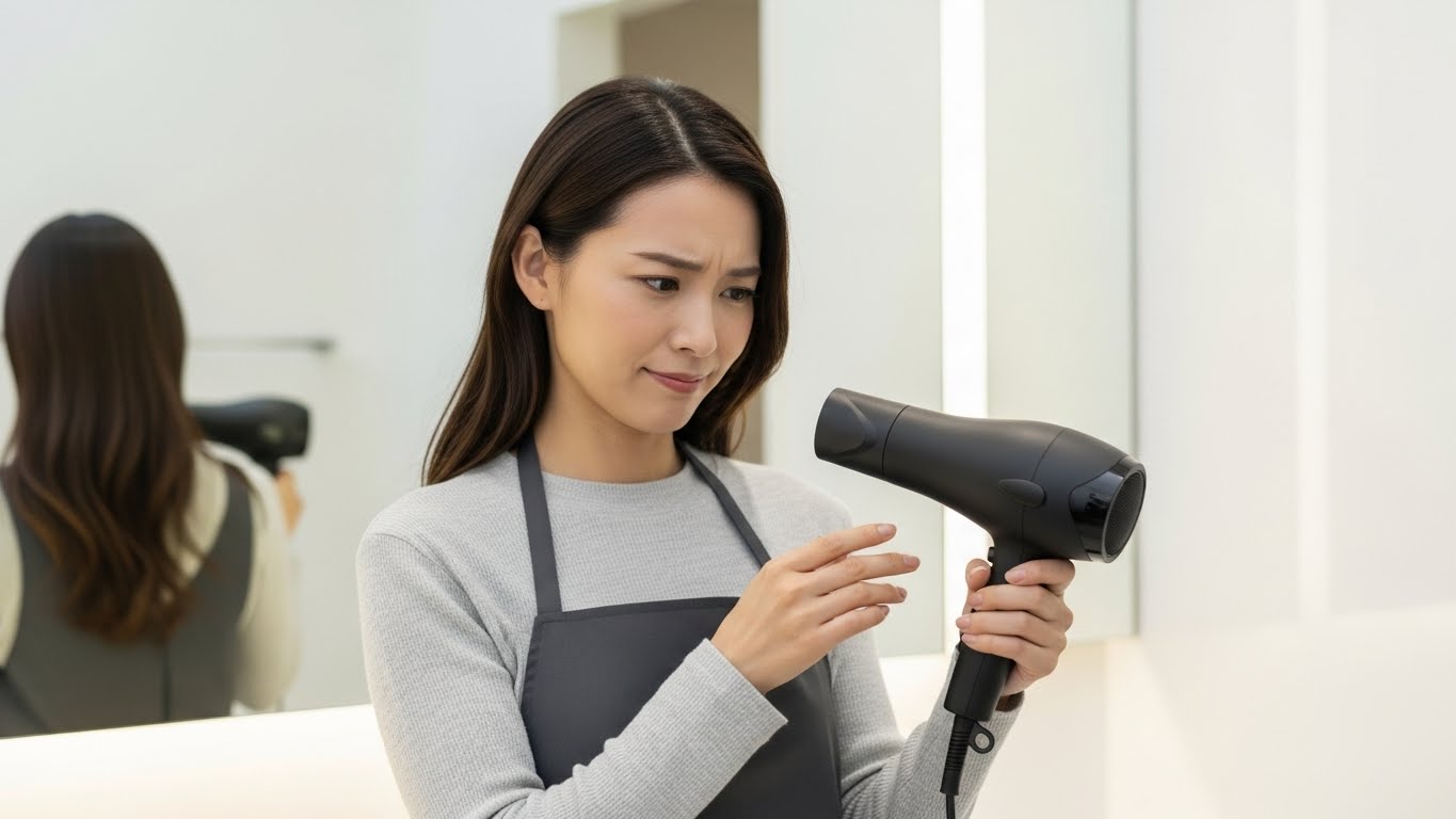 洗面所でマットブラックのドライヤーを手に持ち、品質や不具合がないか懐疑的な表情で確認している日本人女性
