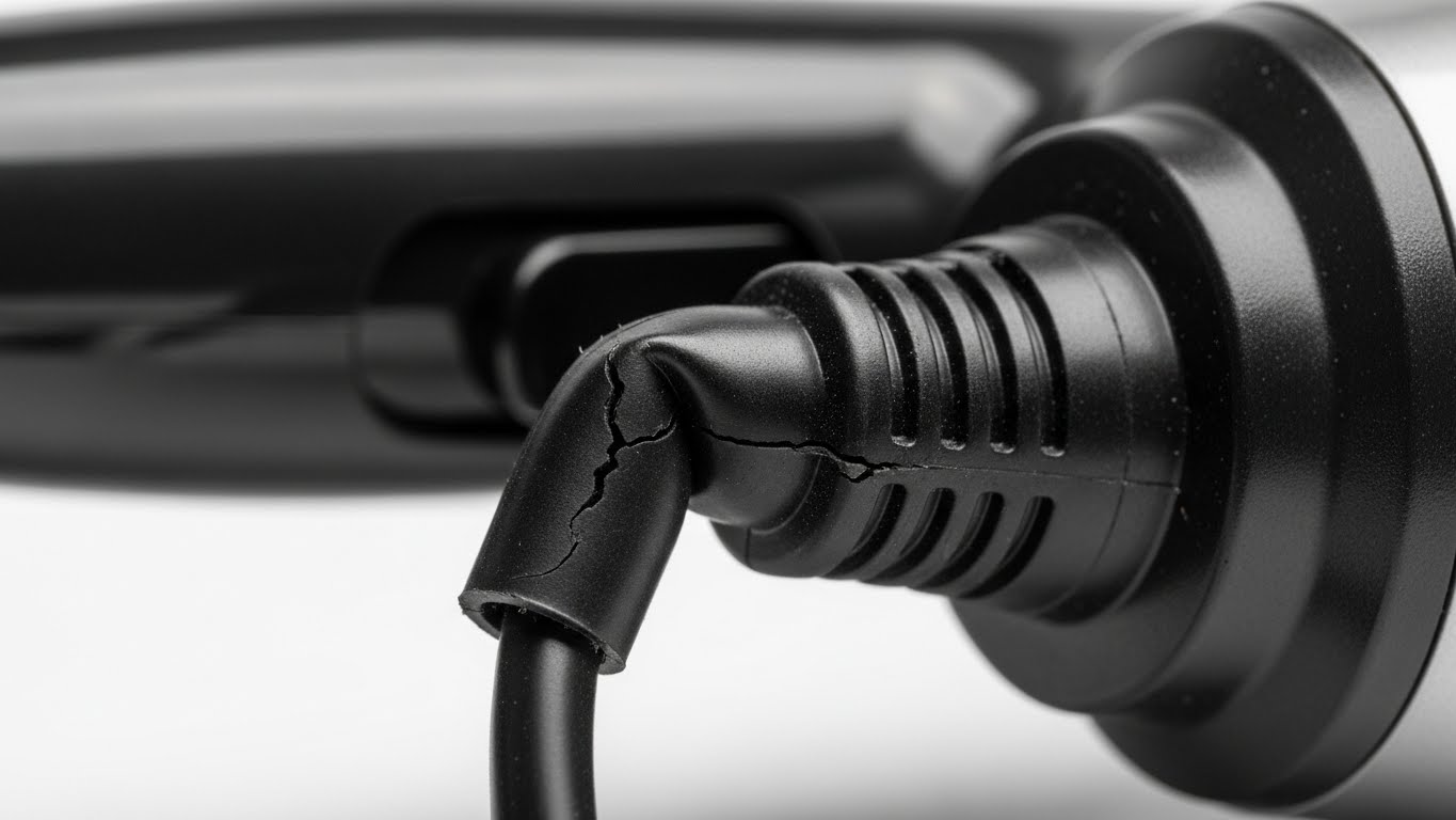 ドライヤーの本体と電源コードの接続部分(ブッシュ)のアップ。鋭角に曲がり負荷がかかっている様子