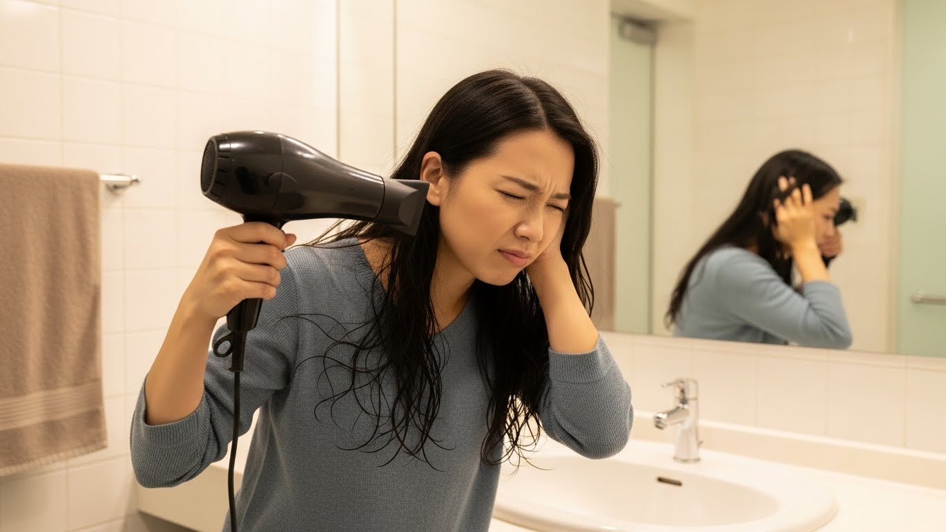 ドライヤーの大音量と高周波音に不快感を示し、片耳を塞ぎながら髪を乾かす日本人女性