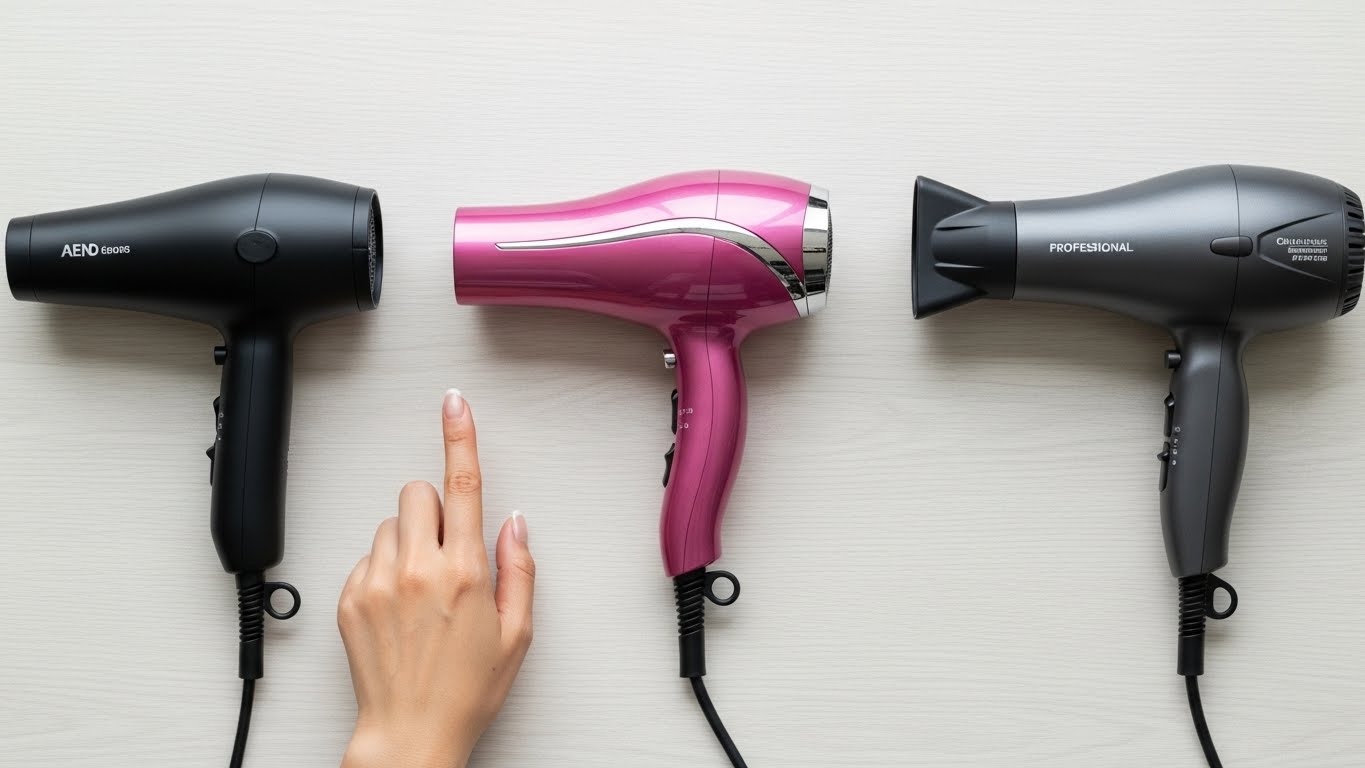 木製のテーブル上に並べられた3種類の異なるドライヤー(マットブラック、光沢のあるピンク、業務用グレー)を比較している様子