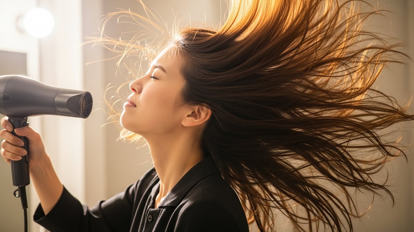 強風のドライヤーを使っているが、風が乱れて髪が四方八方に広がり絡まってしまっている日本人女性