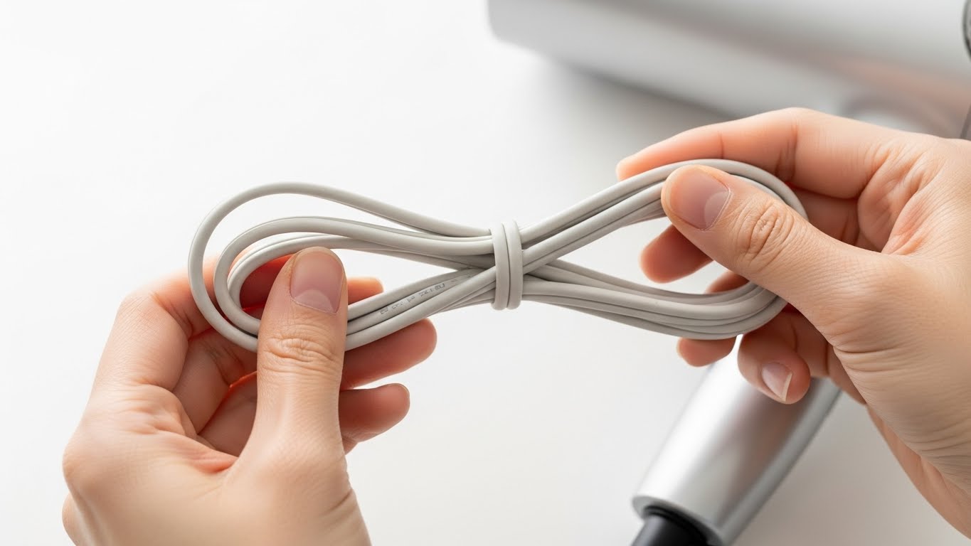 ドライヤーのコードを本体に巻き付けず、手で優しく緩やかに束ねている様子