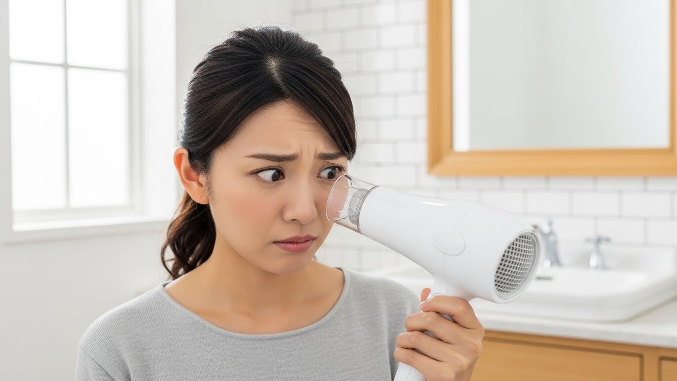 洗面所でドライヤーの吸込口(フィルター)の詰まりを確認する日本人女性