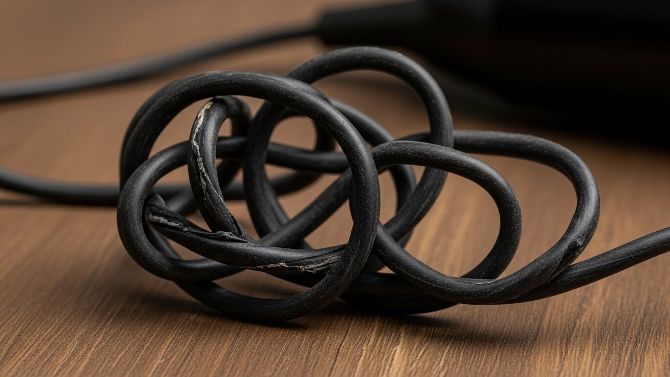 ねじれて絡まり、断線の危険性があるドライヤーの電源コード