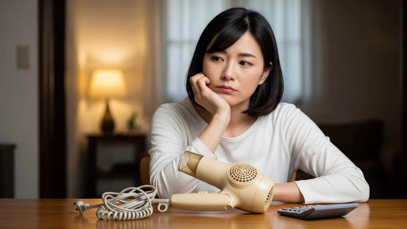 テーブルに置いた古いドライヤーを見つめながら修理か買い替えか悩んでいる日本人女性