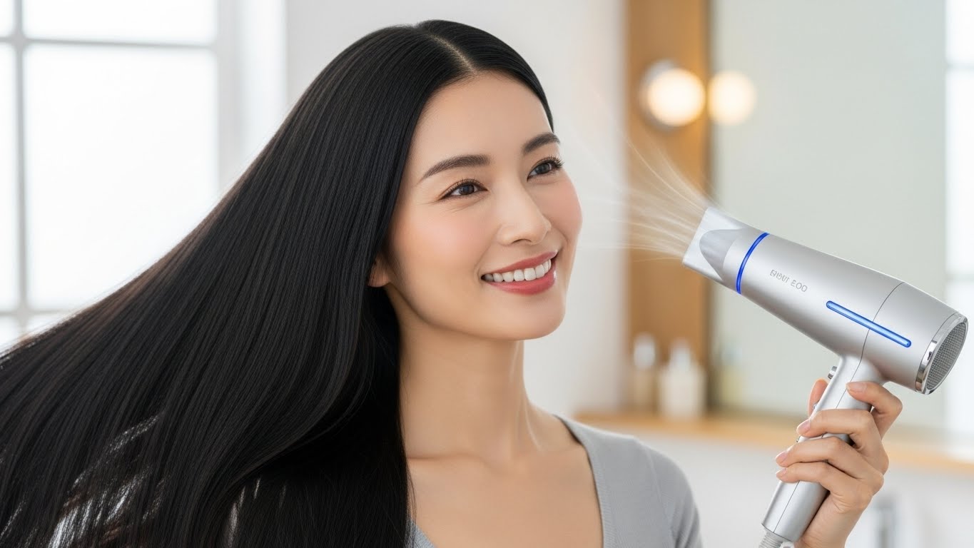 最新のドライヤーを使ってサラサラの髪になり満足して微笑む日本人女性