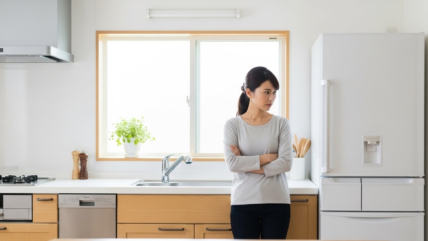 冷蔵庫の買い替えはもったいないんじゃないかと悩む女性の画像。