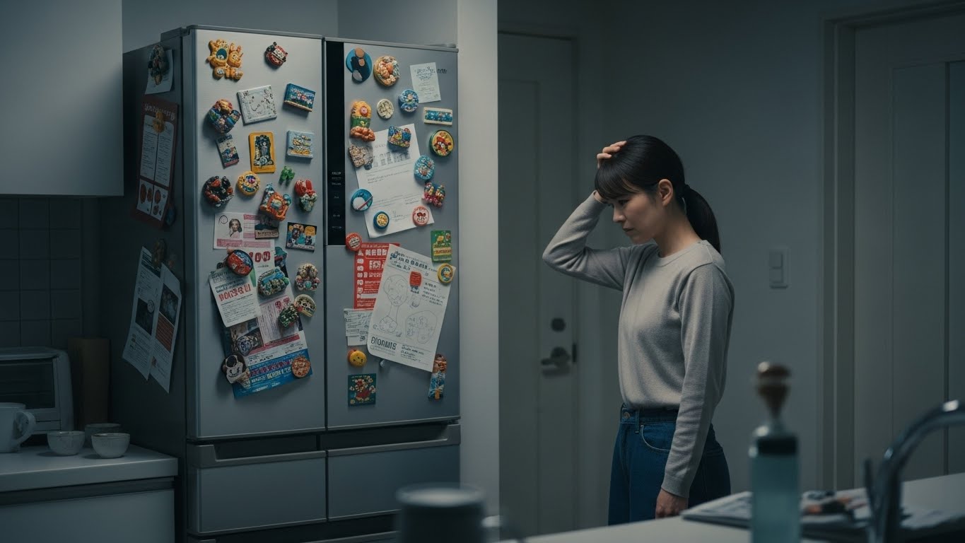 マグネットやチラシで埋め尽くされた冷蔵庫の前で、ストレスを感じて頭を抱える日本人女性