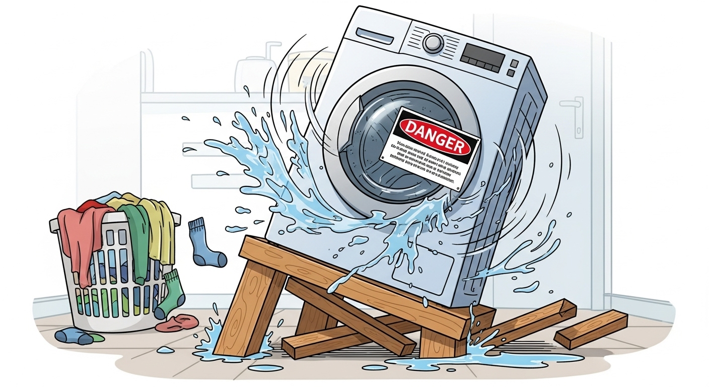 不安定な代用台座の上で激しく振動し、転倒のリスクがある洗濯機のイメージイラスト