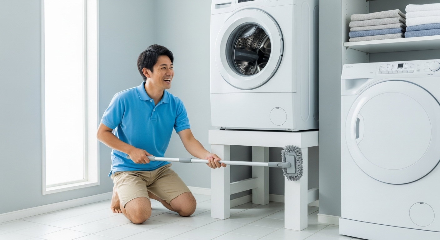 かさ上げされた洗濯機の下を、長い柄の掃除道具で楽に掃除する日本人男性の様子
