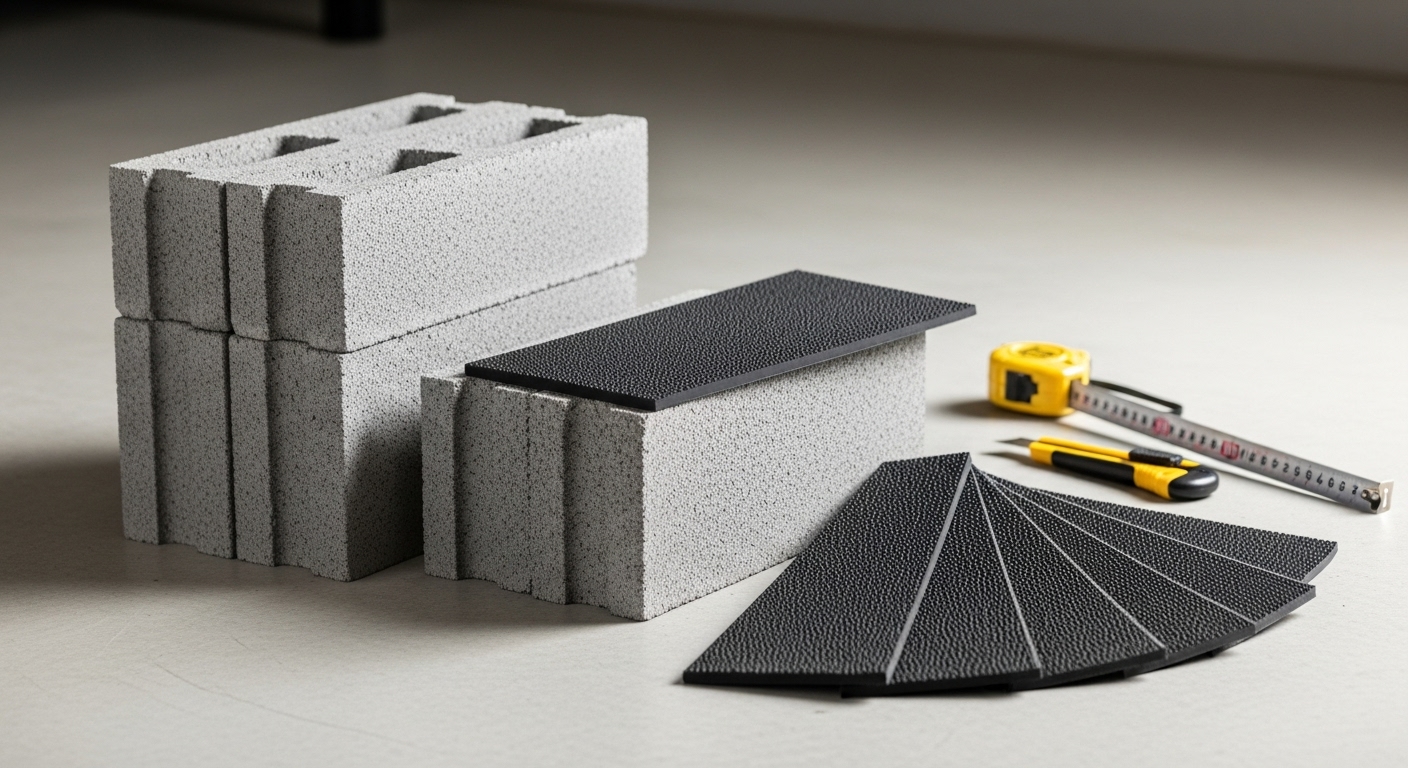 ホームセンターで購入したコンクリートブロックと防振ゴムシートが並べられ、洗濯機かさ上げ台のDIY準備が整っている写真