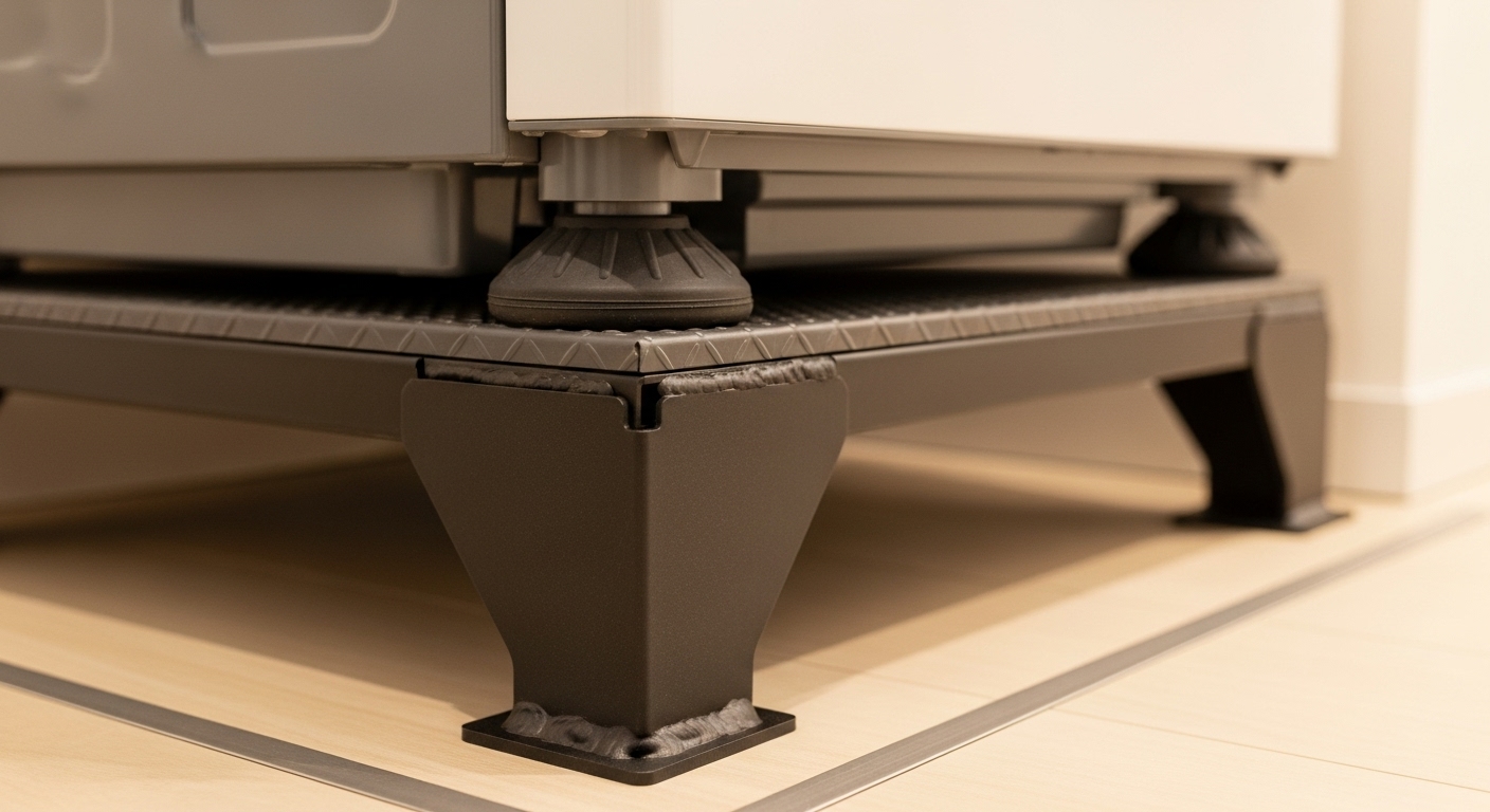 ドラム式洗濯機の脚が、高耐荷重で滑り止め機能のある専用のかさ上げ台にしっかりと設置されている様子