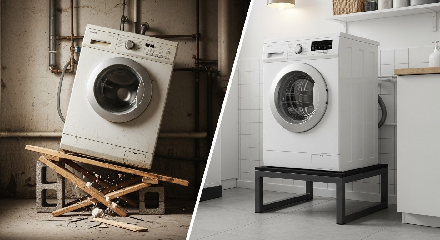 不安定でひび割れた代用品と、洗濯機をしっかりと支える専用かさ上げ台を比較した、安全性の対比画像