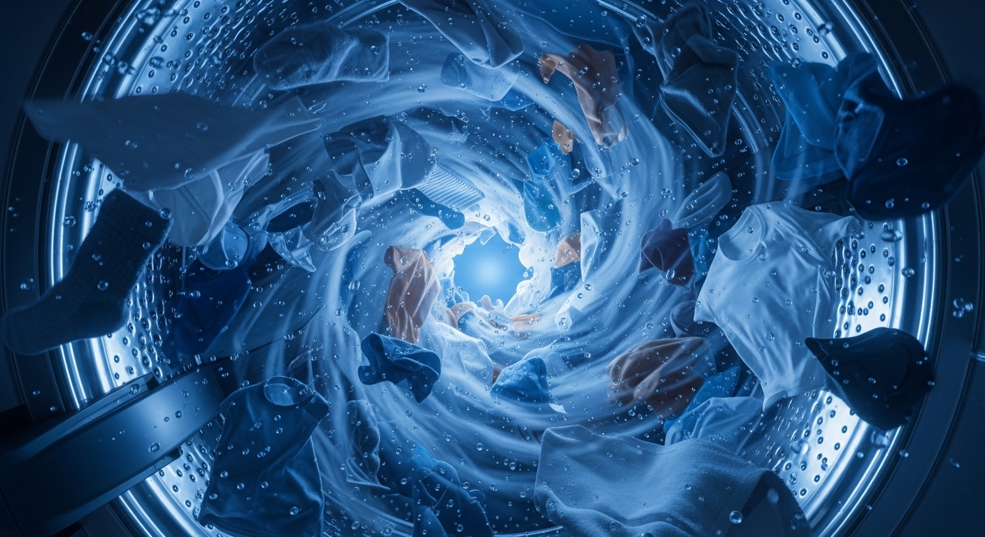 洗濯槽の中でヒーターの熱を使わずに強力な風だけで水分を吹き飛ばすイメージ