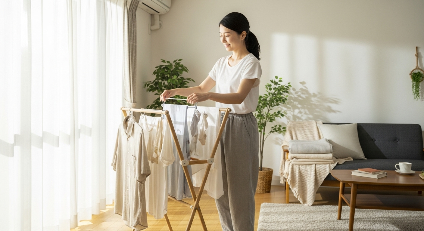 明るいリビングで笑顔で部屋干しをする日本人女性
