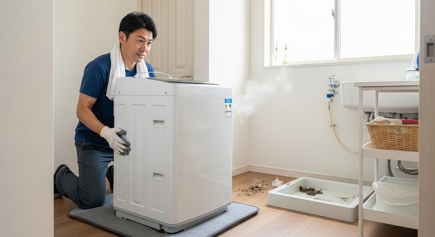 日本人の男性が、洗濯機の下を掃除するために慎重に洗濯機を動かしている様子。