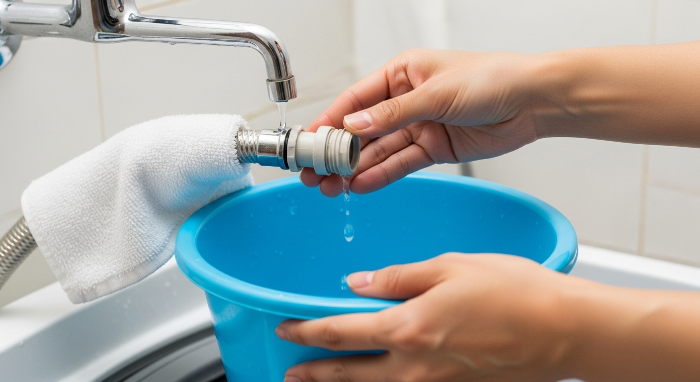 洗濯機の給水ホースを外し、残った水を洗面器で受け止めている様子。