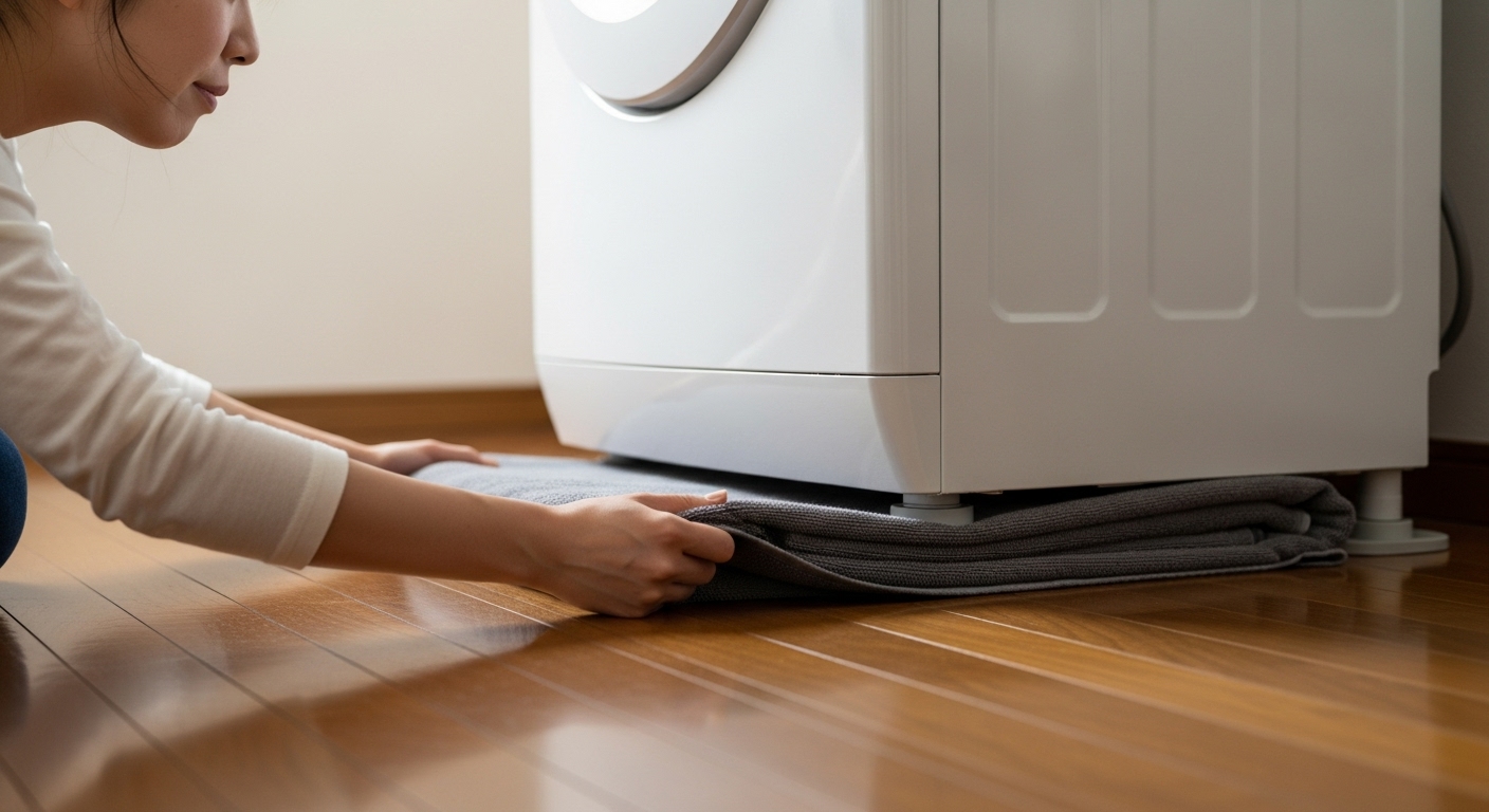 縦型洗濯機の前脚の下にタオルを敷き、滑らせて移動させている様子。