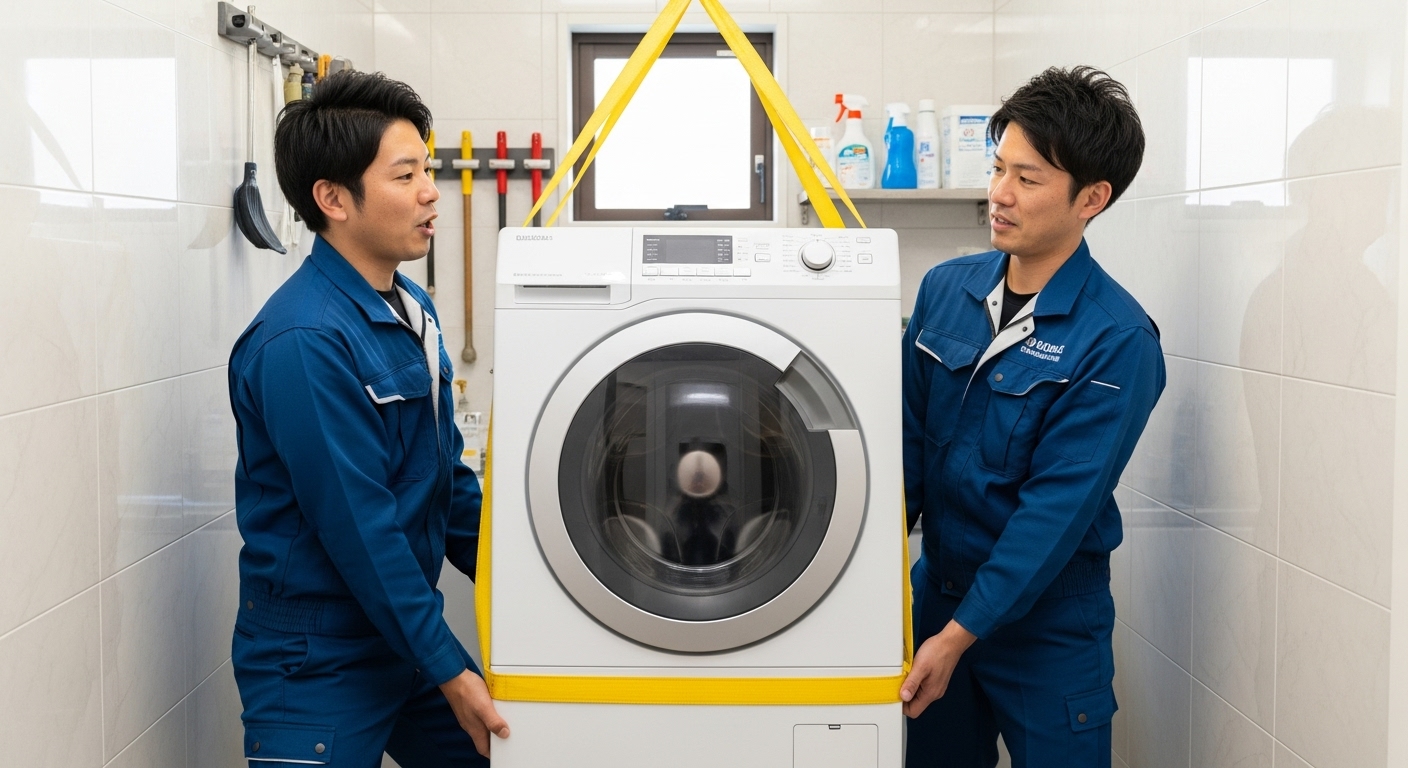 2人の作業員が専用のベルトを使ってドラム式洗濯機を協力して持ち上げている様子。