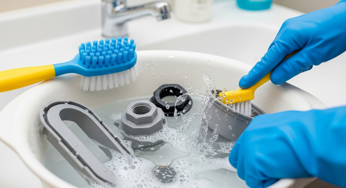 洗濯機の排水トラップの部品を分解し、ブラシで洗浄している様子。