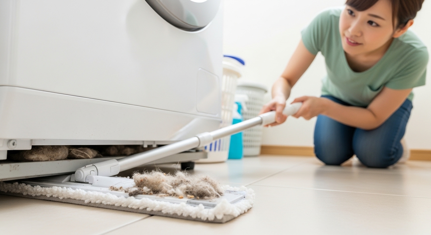 伸縮式のハンディモップを使って、洗濯機と床の隙間を掃除している様子。