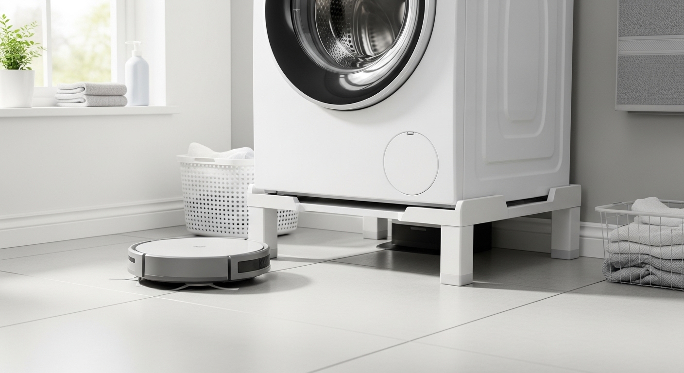 嵩上げ台の上に設置された洗濯機の下を、ロボット掃除機が掃除している様子。