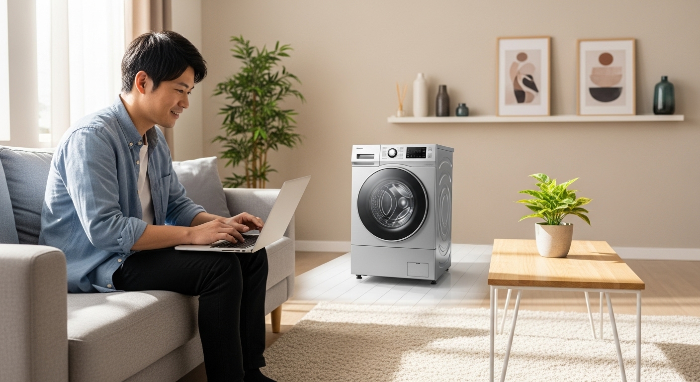 リビングでパソコンを見ながらAmazonでの洗濯機購入と設置サービスを検討している日本人男性。