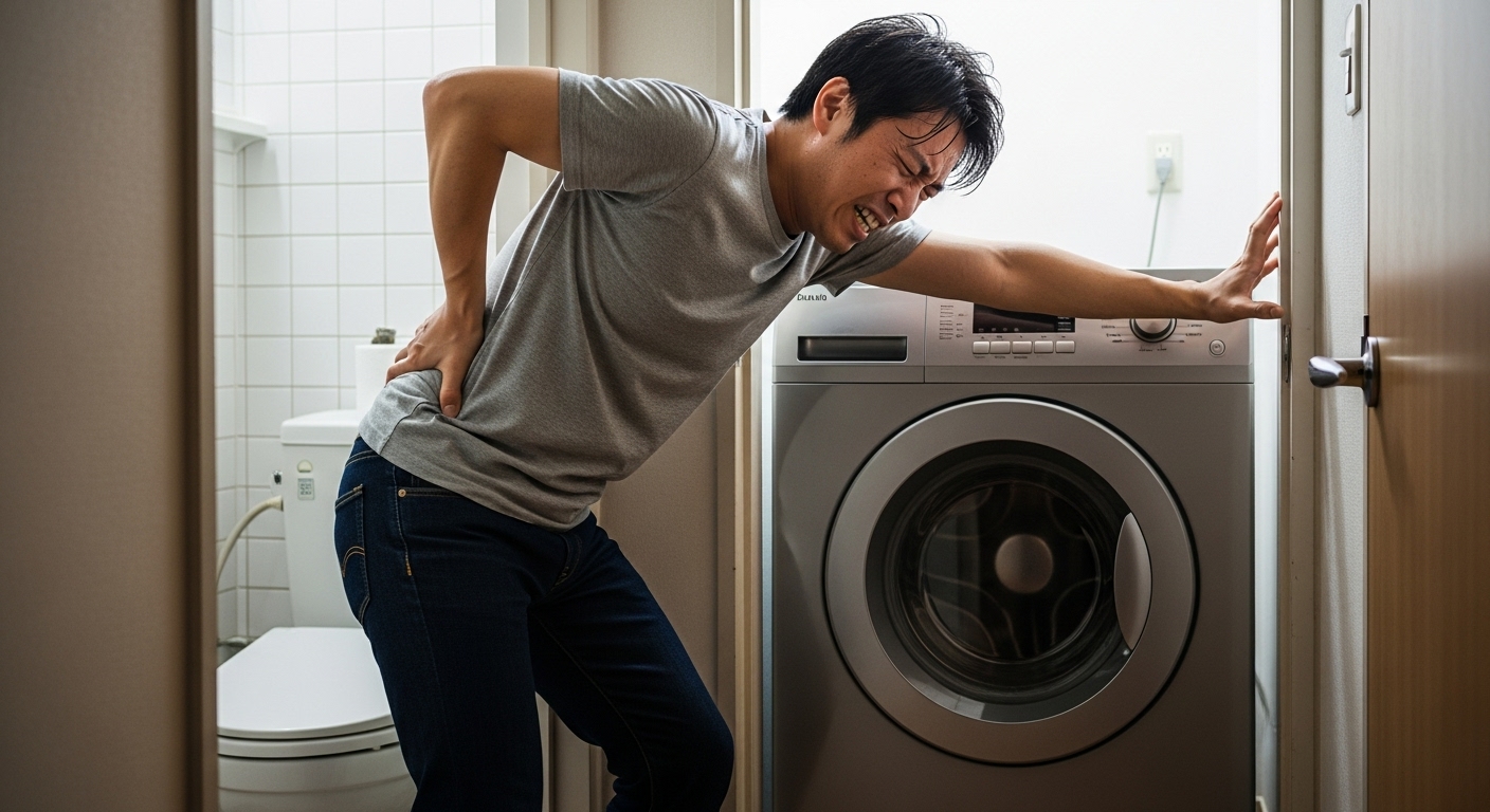 狭い洗面所で重いドラム式洗濯機を動かそうとして腰を痛め、困り果てている男性。