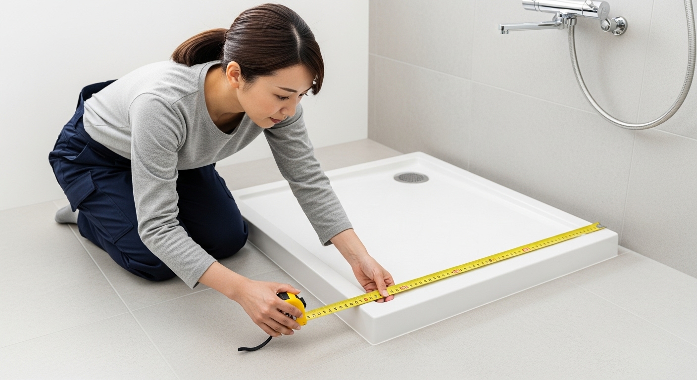 洗濯機を設置する前に、防水パンのサイズをメジャーで正確に計測している女性。
