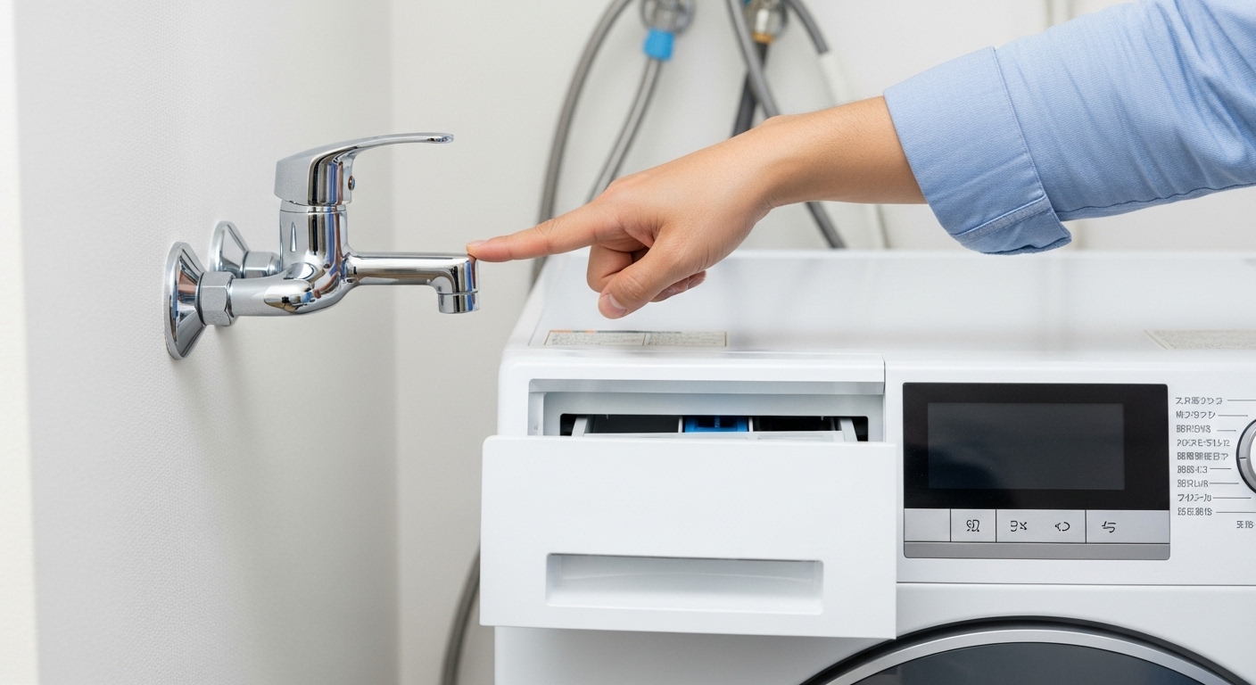 洗濯機本体の高さと壁の蛇口の位置が干渉しないか、指差し確認をしている様子。