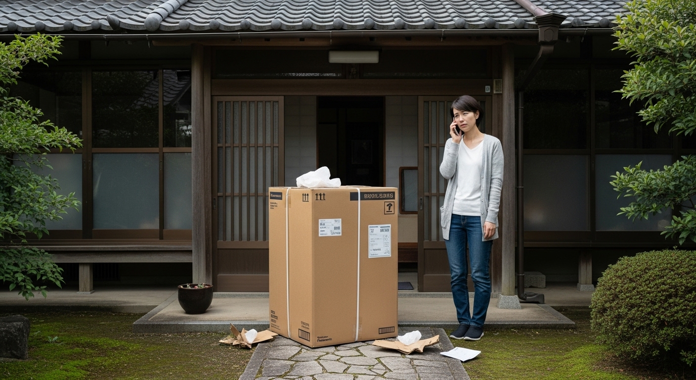 玄関先に洗濯機の段ボールが置き去りにされ、途方に暮れている購入者の女性。