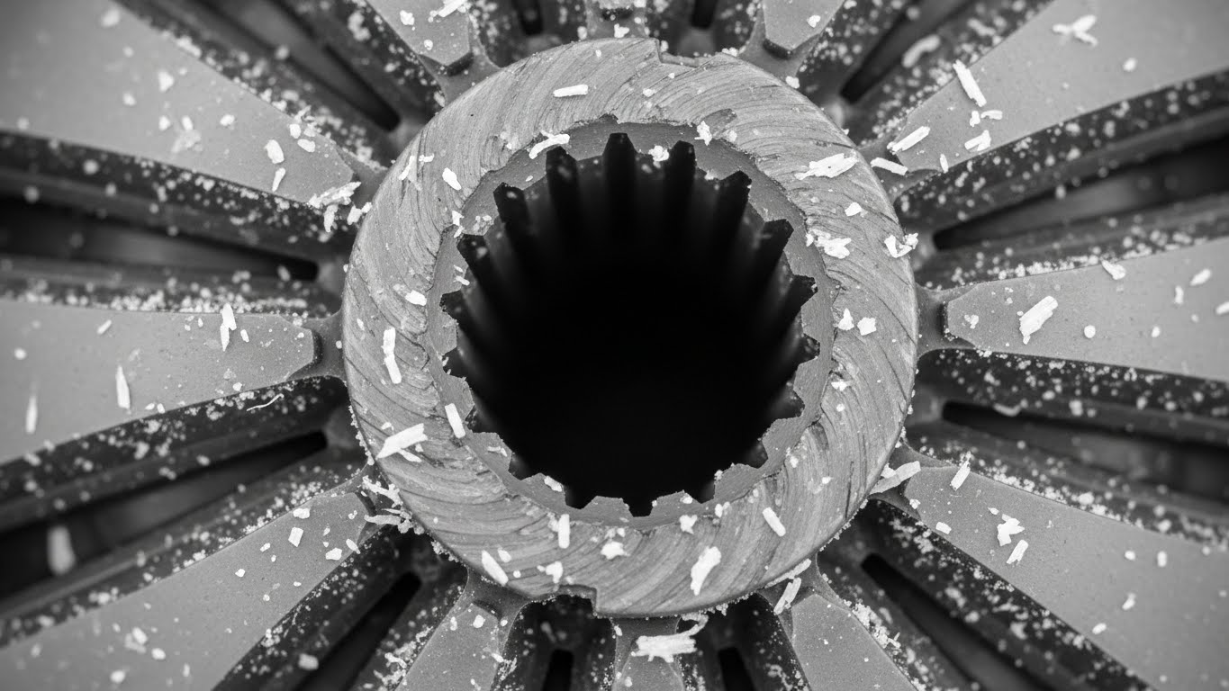 洗濯機パルセーターの中心部にあるスプライン溝が摩耗して削れている様子