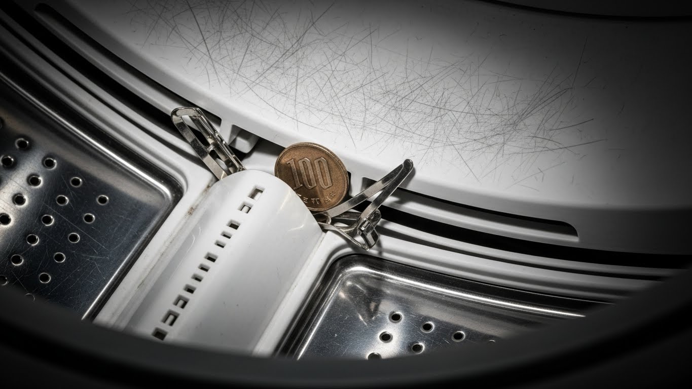 洗濯槽の隙間に挟まった硬貨とヘアピンのイメージ