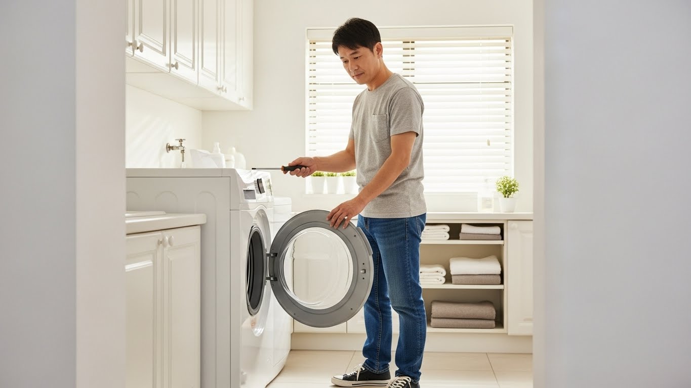 ドライバーを手に持ち洗濯機の修理を始めようとする日本人男性