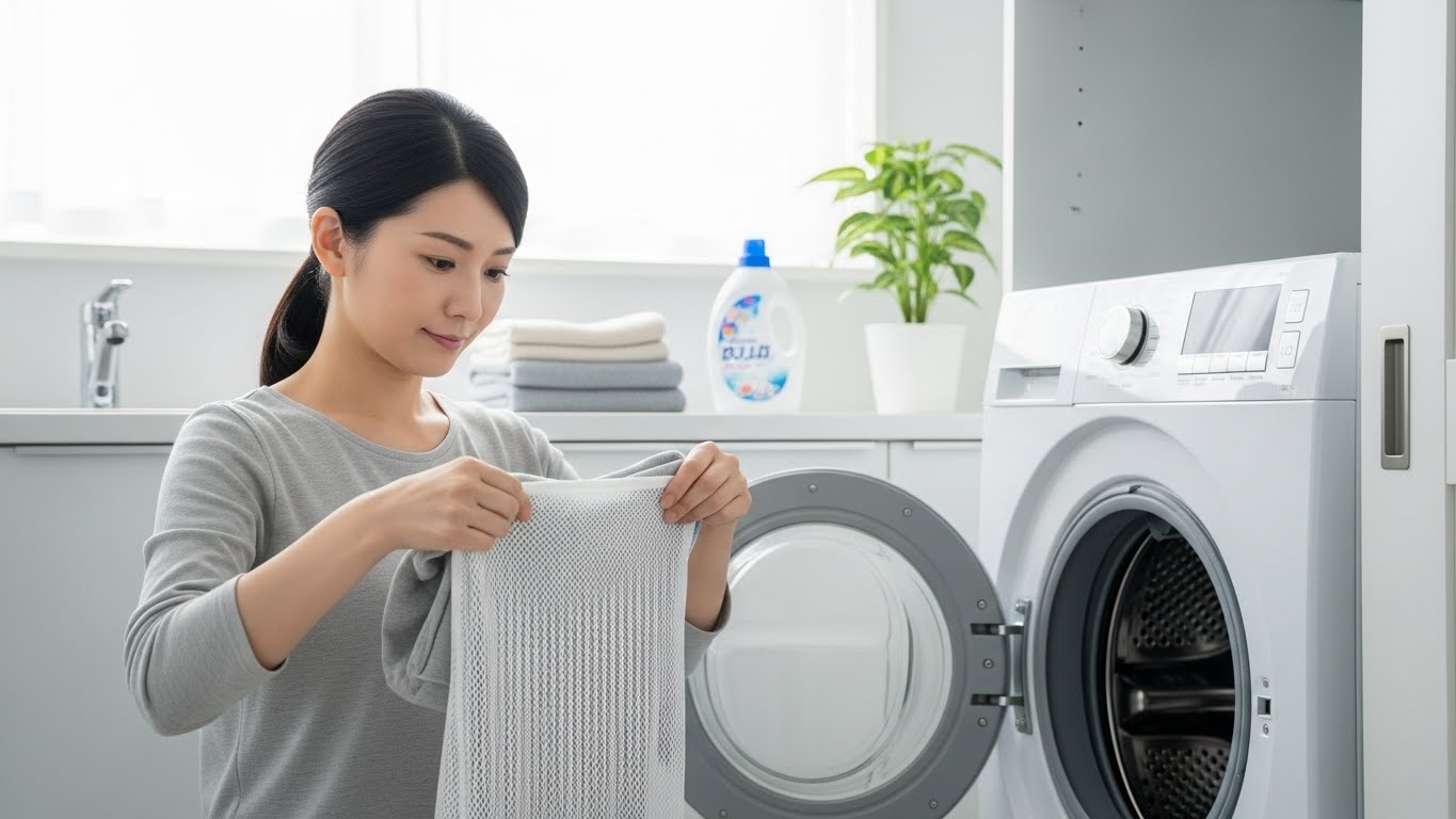 衣類を洗濯ネットに入れてから洗濯機へ投入する日本人女性