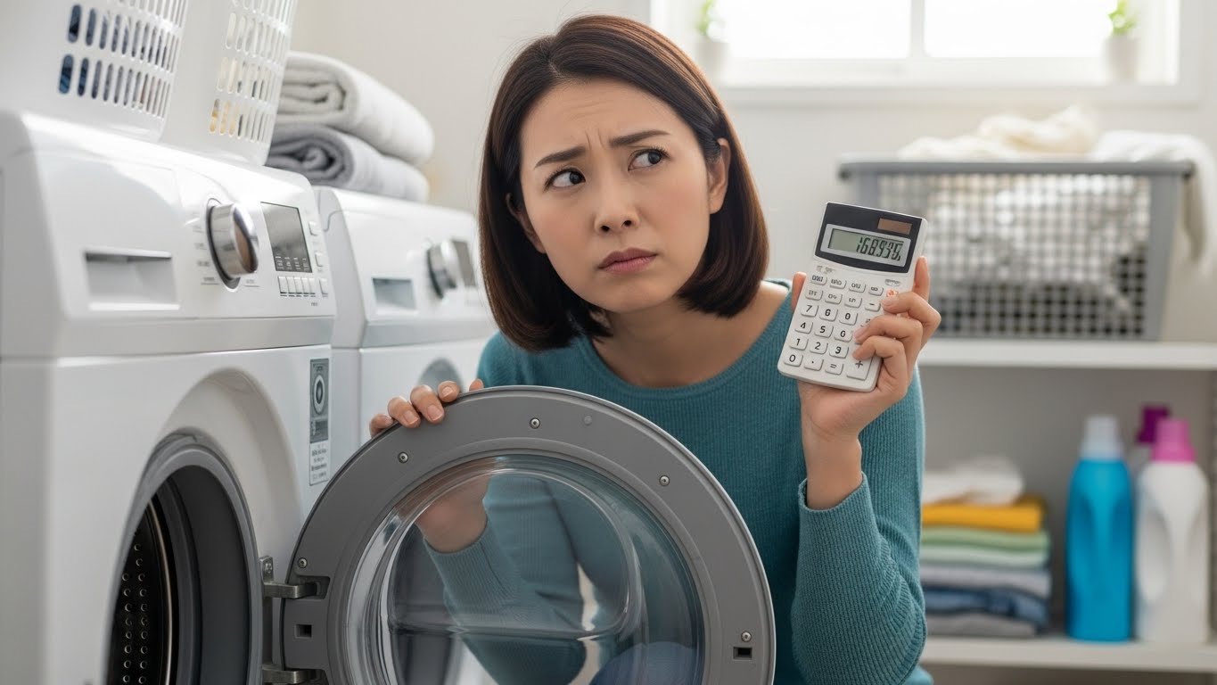 電卓を持って洗濯機の修理か買い替えかを悩む日本人女性