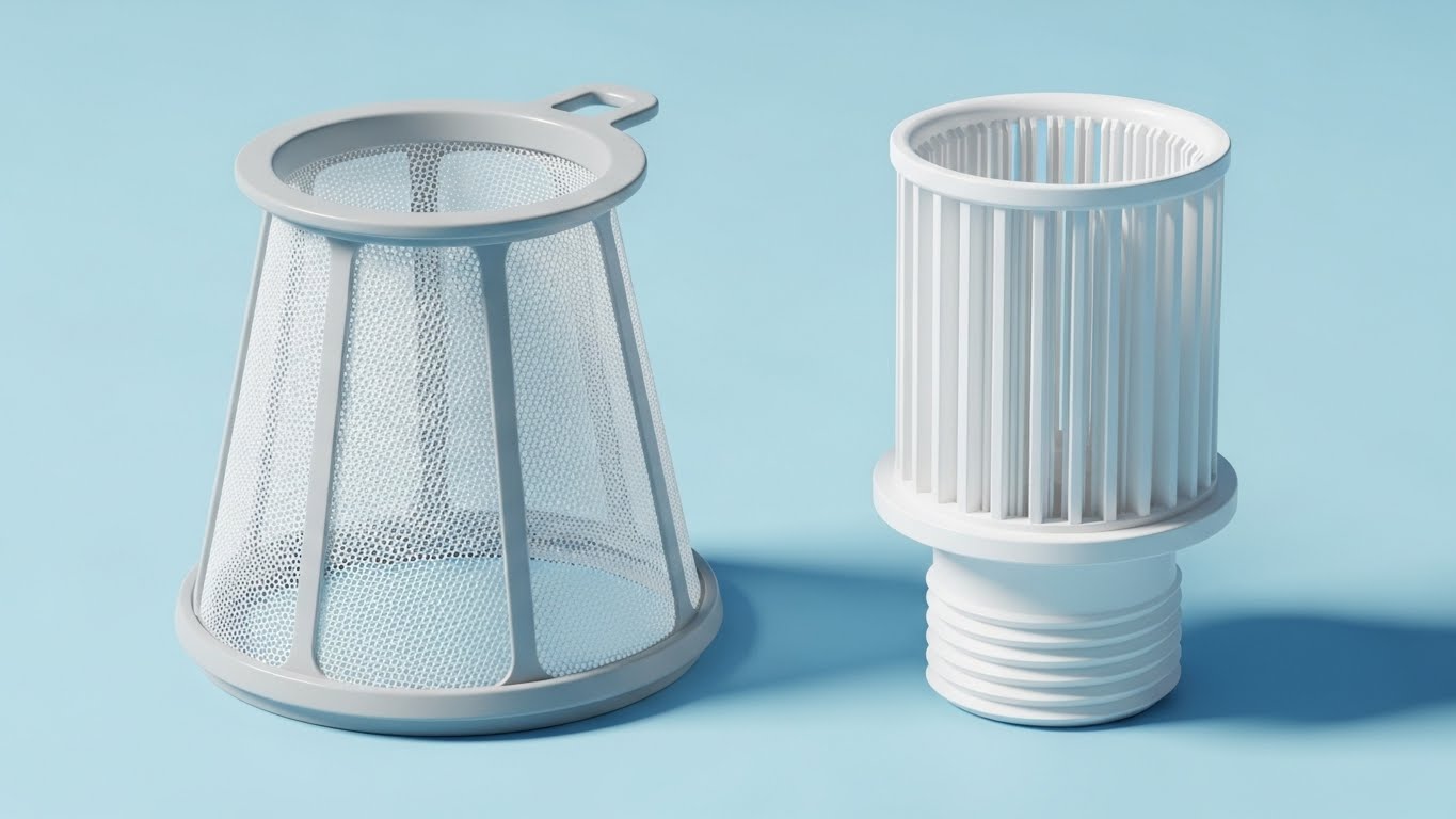 縦型洗濯機用のネット型糸くずフィルターとドラム式洗濯機用の排水フィルターの比較画像