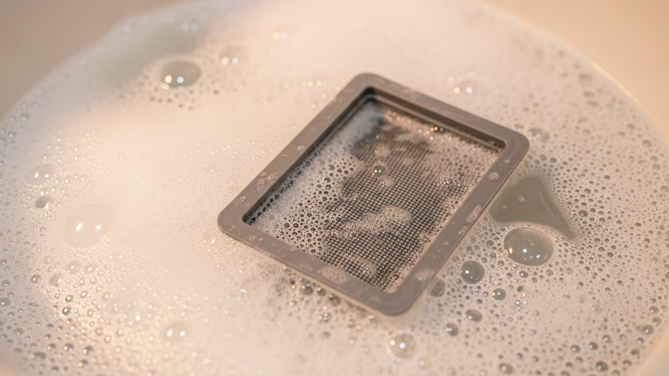 洗面器に張ったお湯と酸素系漂白剤の泡の中に糸くずフィルターをつけ置きしている様子