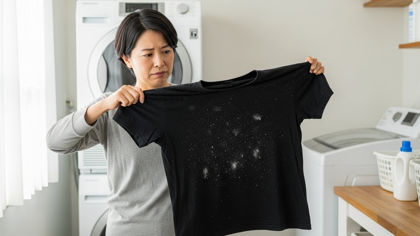 洗濯後の黒いTシャツに白い糸くずやリントが再付着してしまっている様子