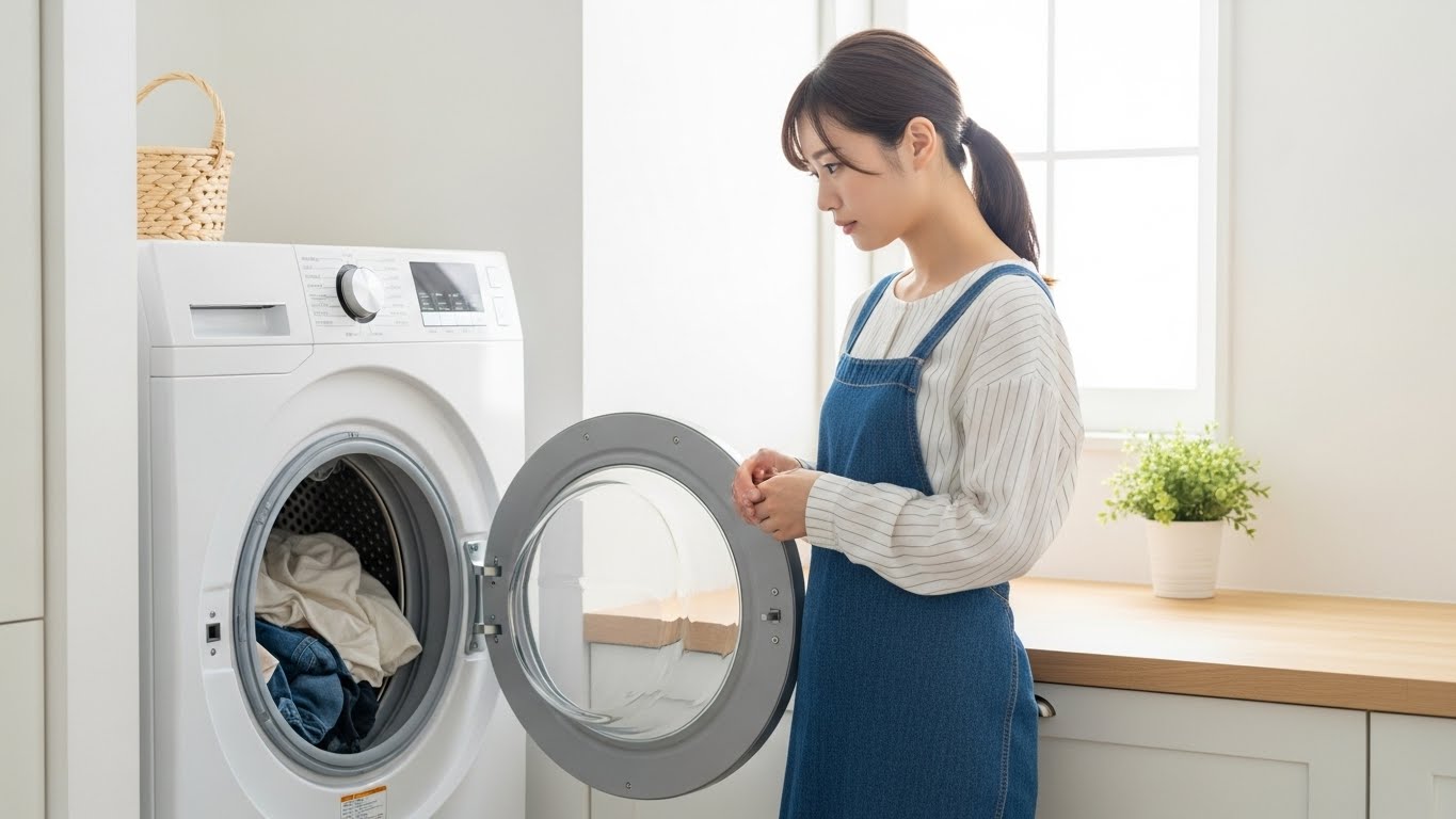 洗濯機のロックがかからず困った表情で立ち尽くす日本人女性