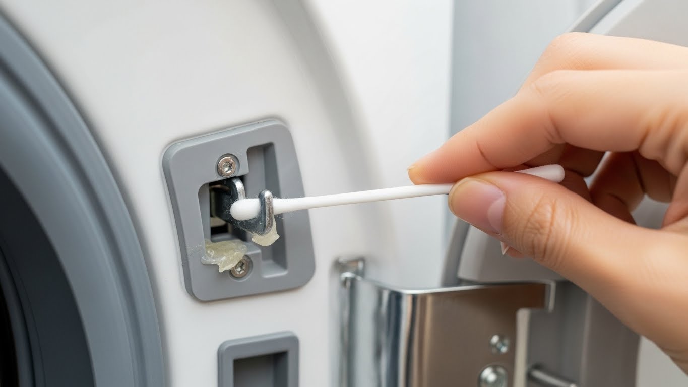 洗濯機のドアロック部分の汚れを綿棒で掃除している手元のアップ