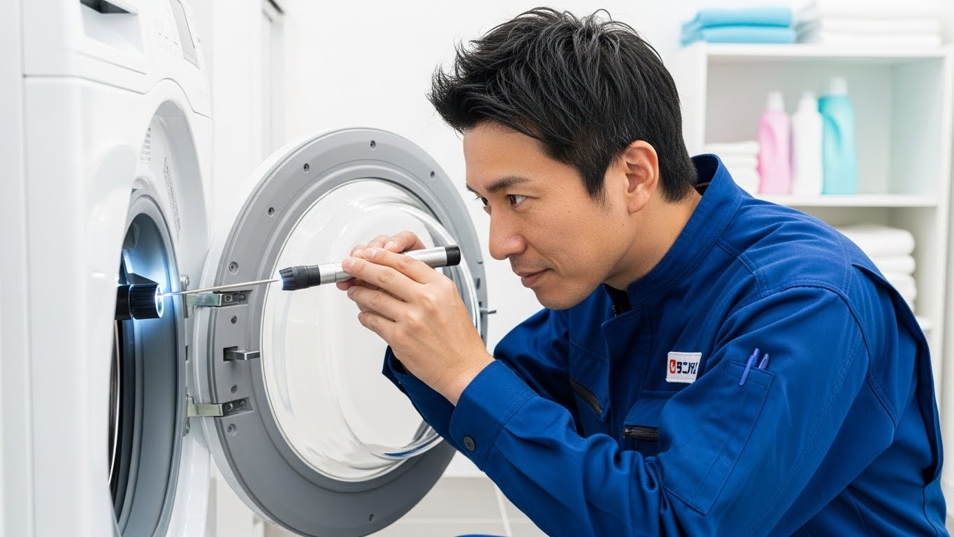洗濯機のドアロック機構を点検しているプロの日本人修理業者