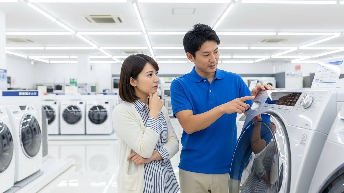 家電量販店で新しい洗濯機を見ながら買い替えを検討している日本人夫婦