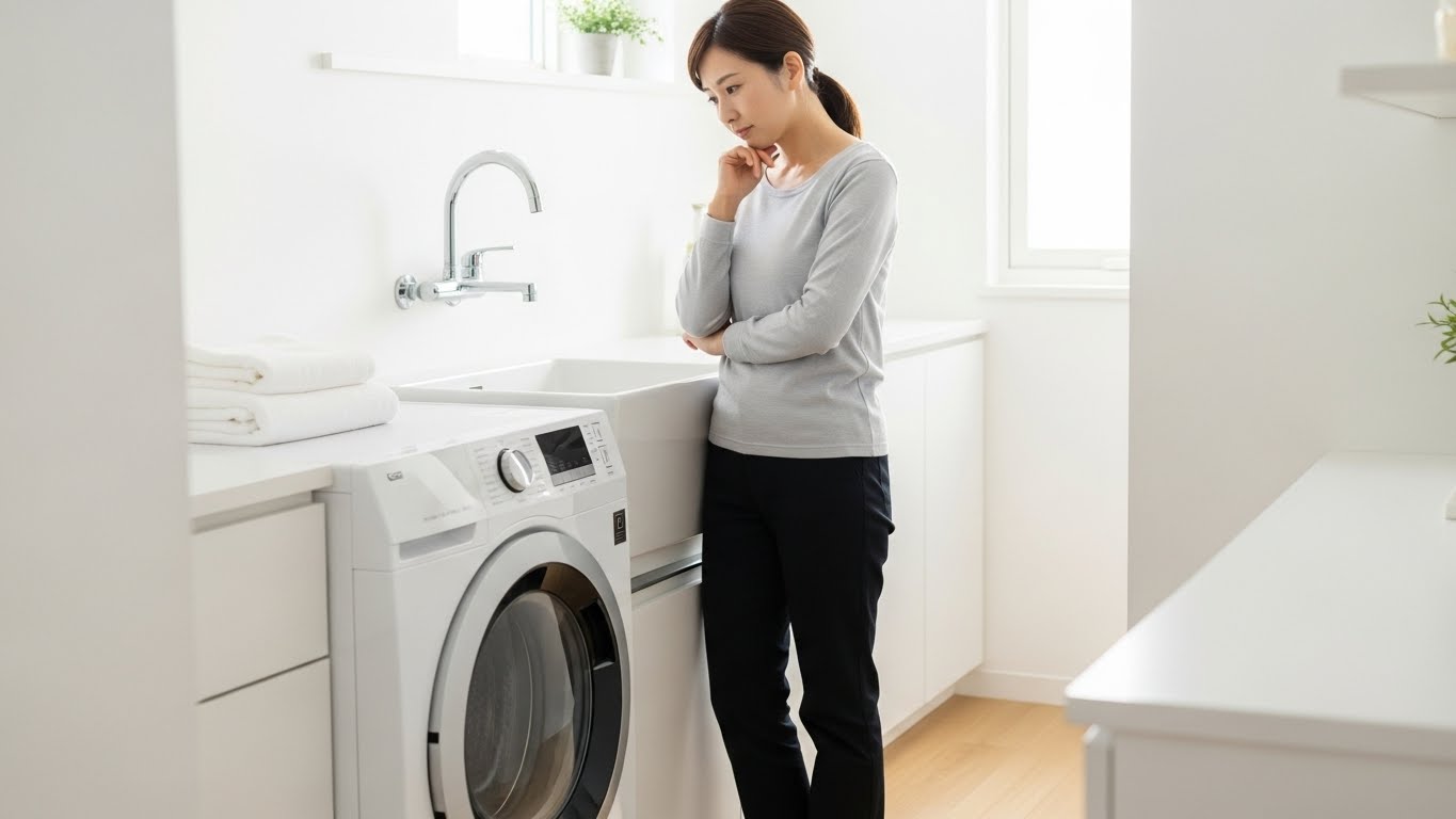 洗濯機置き場の前で水栓の交換について悩んでいる日本人女性