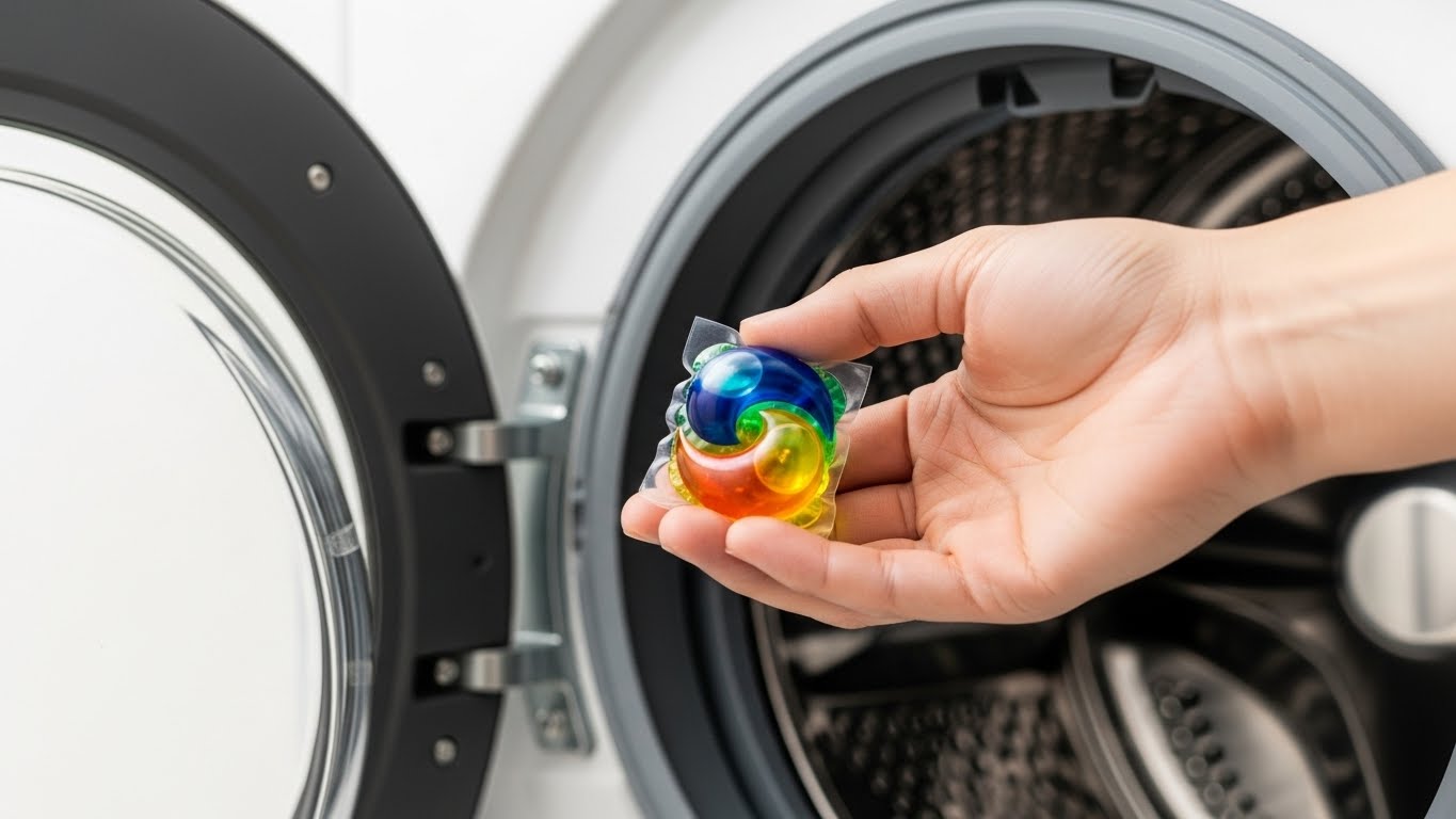 低温でも高い洗浄力を発揮する最新のジェルボール洗剤を持つ手